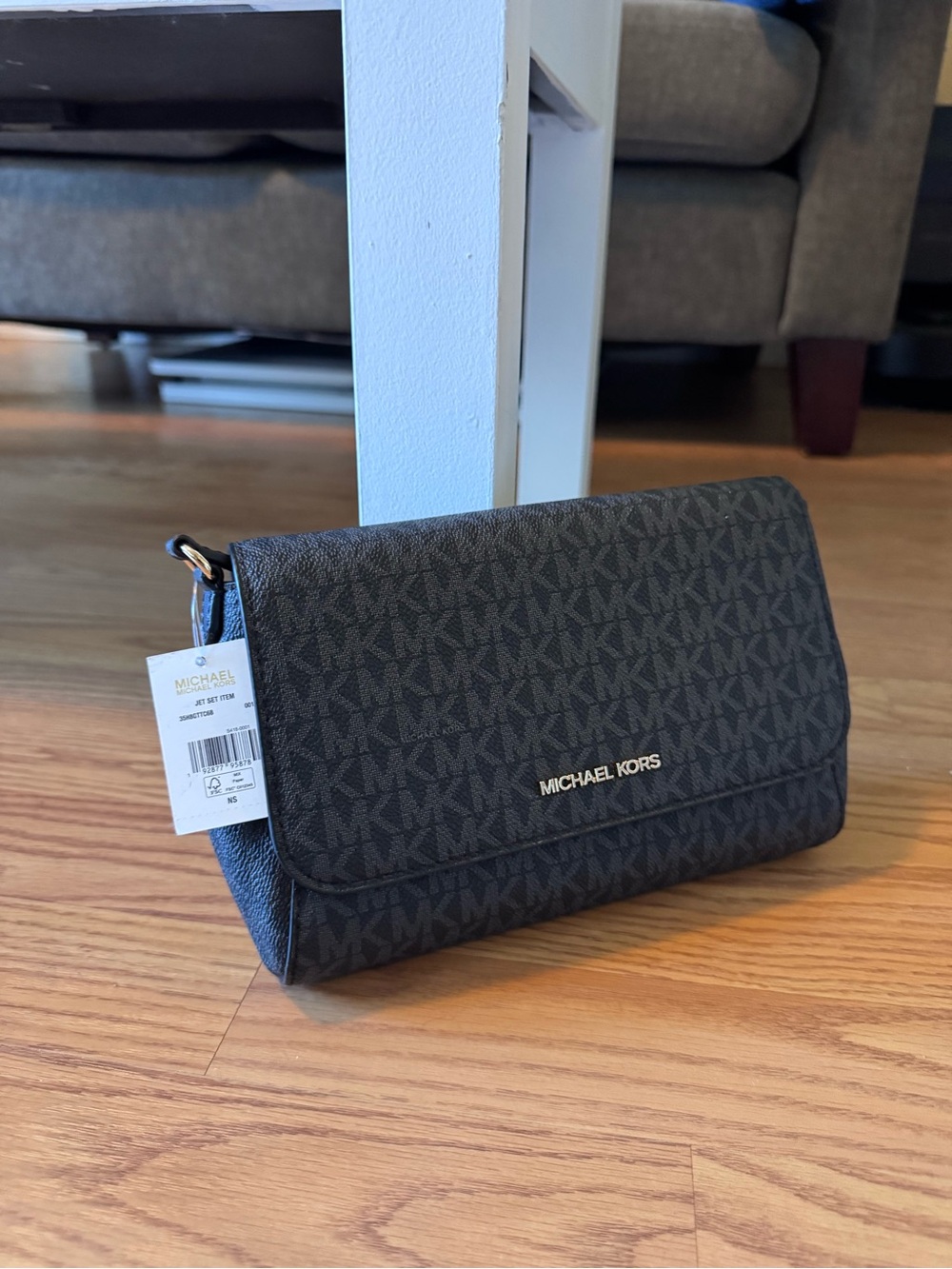 Michael Kors Black Signature Logo Crossbody Clutch with Gold Hardware